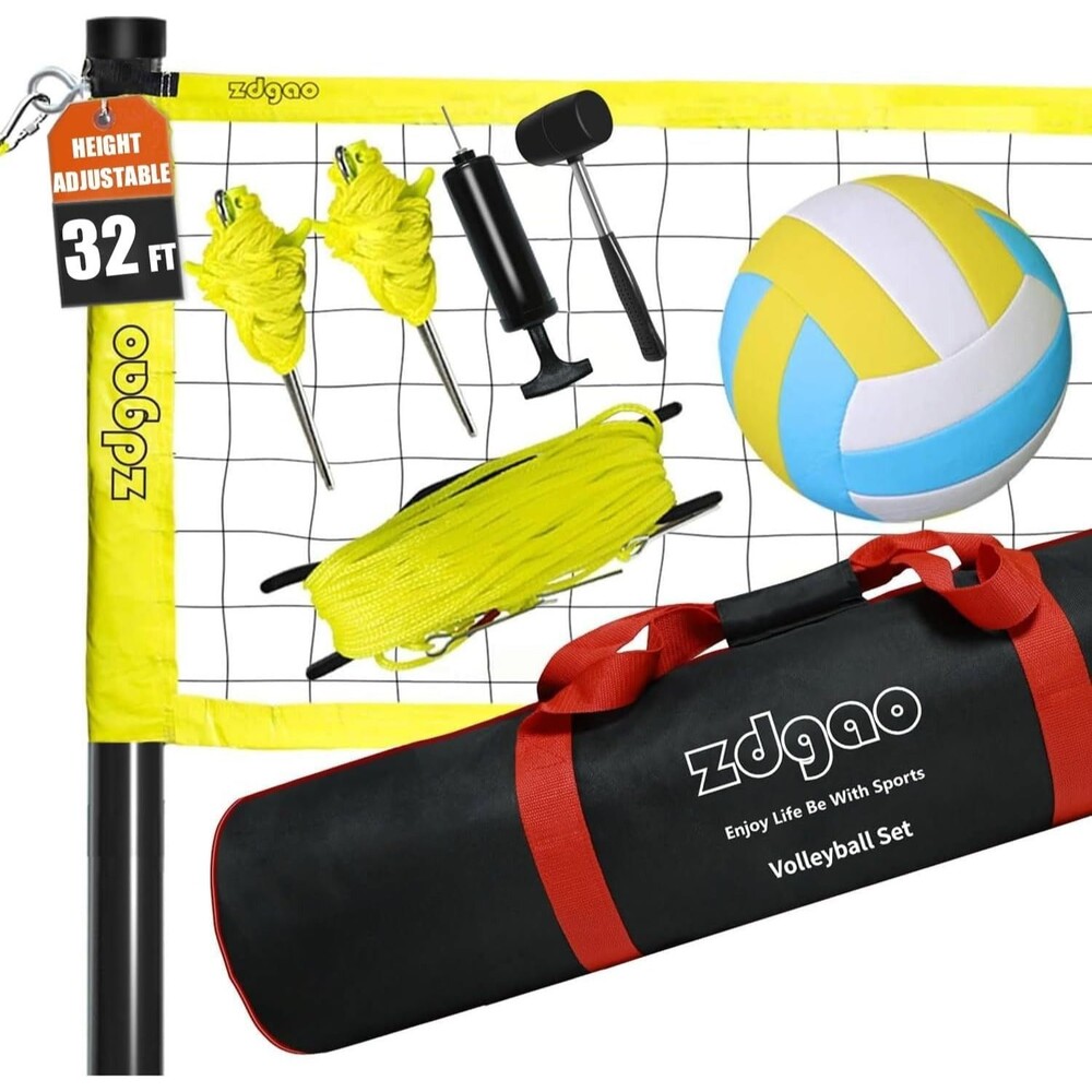 NEW Outdoor Volleyball Net System Adjustable Height Poles with Soft Vollevball